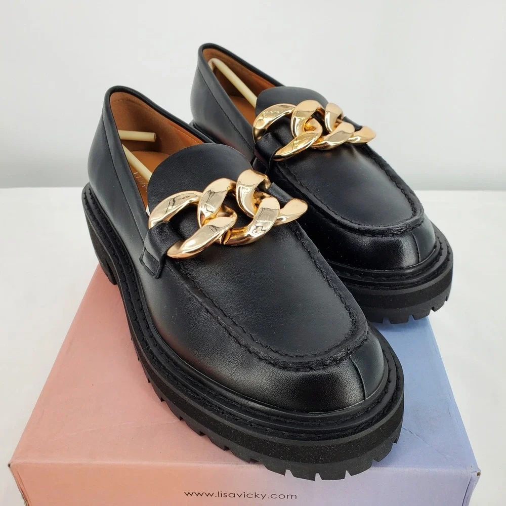 Lisa Vicky Womens Size 6.5M Pep-V Chunky Moc Toe Loafer Black‎ Chunky Chain New